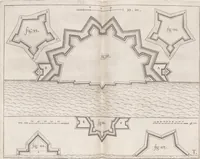 An illustration from Architectura militaris nova et aucta, oder, Newe vermehrte Fortification von regular Vestungen, von irregular Vestungen vnd Aussen wercken, von Praxi offensiva vnd defensiva : auff die neweste Niederländische Praxin gerichtet vnd beschrieben (1665)