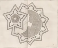 An illustration from Architectura militaris nova et aucta, oder, Newe vermehrte Fortification von regular Vestungen, von irregular Vestungen vnd Aussen wercken, von Praxi offensiva vnd defensiva : auff die neweste Niederländische Praxin gerichtet vnd beschrieben (1665)
