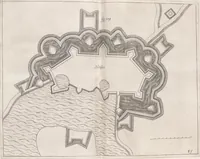 An illustration from Architectura militaris nova et aucta, oder, Newe vermehrte Fortification von regular Vestungen, von irregular Vestungen vnd Aussen wercken, von Praxi offensiva vnd defensiva : auff die neweste Niederländische Praxin gerichtet vnd beschrieben (1665)