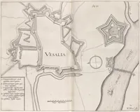 An illustration from Architectura militaris nova et aucta, oder, Newe vermehrte Fortification von regular Vestungen, von irregular Vestungen vnd Aussen wercken, von Praxi offensiva vnd defensiva : auff die neweste Niederländische Praxin gerichtet vnd beschrieben (1665)