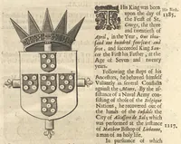 An illustration from A genealogical history of the kings of Portugal : And of all those illustrious houses that in masculine line are branched from that royal family. Containing a discourse of their several lives, marriages, and issues, times of birth, death, and places of burial. With their armes and emblazons according to their several alterations, as also their symboles and mottoes, all engraven in copper-plates (1662)