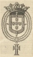 An illustration from A genealogical history of the kings of Portugal : And of all those illustrious houses that in masculine line are branched from that royal family. Containing a discourse of their several lives, marriages, and issues, times of birth, death, and places of burial. With their armes and emblazons according to their several alterations, as also their symboles and mottoes, all engraven in copper-plates (1662)