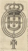 An illustration from A genealogical history of the kings of Portugal : And of all those illustrious houses that in masculine line are branched from that royal family. Containing a discourse of their several lives, marriages, and issues, times of birth, death, and places of burial. With their armes and emblazons according to their several alterations, as also their symboles and mottoes, all engraven in copper-plates (1662)