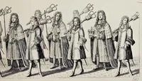 Picture 13 of 30 from The history of the coronation of the most high, most mighty, and most excellent monarch, James II, by the grace of God, king of England, Scotland, France and Ireland, defender of the faith, &c. and of his royal consort Queen Mary : solemnized in the collegiate church of St. Peter in the city of Westminster, on Thursday the 23 of April, being the festival of St. George, in the year of Our Lord 1685 : with an exact account of the several preparations in order thereunto, Their Majesties most splendid processions, and their royal and magnificent feast in Westminster-Hall : the whole work illustrated with sculptures (1687), leaf 164