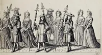 An illustration from The history of the coronation of the most high, most mighty, and most excellent monarch, James II, by the grace of God, king of England, Scotland, France and Ireland, defender of the faith, &c. and of his royal consort Queen Mary : solemnized in the collegiate church of St. Peter in the city of Westminster, on Thursday the 23 of April, being the festival of St. George, in the year of Our Lord 1685 : with an exact account of the several preparations in order thereunto, Their Majesties most splendid processions, and their royal and magnificent feast in Westminster-Hall : the whole work illustrated with sculptures (1687)