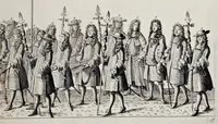 Picture 16 of 30 from The history of the coronation of the most high, most mighty, and most excellent monarch, James II, by the grace of God, king of England, Scotland, France and Ireland, defender of the faith, &c. and of his royal consort Queen Mary : solemnized in the collegiate church of St. Peter in the city of Westminster, on Thursday the 23 of April, being the festival of St. George, in the year of Our Lord 1685 : with an exact account of the several preparations in order thereunto, Their Majesties most splendid processions, and their royal and magnificent feast in Westminster-Hall : the whole work illustrated with sculptures (1687), leaf 176