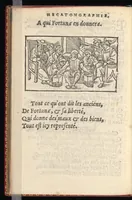 An illustration from Hecatongraphie : c'est à dire la description de cent figures & hystoires, cõtenas̃ plusieurs apophtegmes, prouerbes, sentences & ditz, tant des anciens, que des modernes (1548)