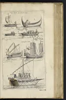 An illustration from Aeloude en hedendaegsche scheeps-bouw en bestier : waer in wijtloopigh wert verhandelt, de wijze van scheeps-timmeren, by Grieken en Romeynen : scheeps-oeffeningen, strijden, tucht, straffe, wetten en gewoonten : beneffens evenmatige grootheden van schepen onses tijts, ontleet in alle hare deelen : verschil van bouwen tusschen uitheemschen en onzen landaert : indisch vaertuygh : galey-bouw : hedendaegsche scheeps-plichten : verrijckt met een reex verklaerde zee-mans spreeck-woorden en benamingen : doorgaens verciert met vele kopere platen (1671)