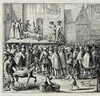 An illustration from Beschryvinge van Amsterdam : zynde een naukeurige verhandelinge van desselfs eerste oorspruk uyt den huyse der heeren van Amstel, en Amstellant : haar vergrootingen, rykdom, en wyze van regeeringe, tot den jare 1691 : voor dezen uit verscheide oude historie-schryvers be eengesteld, en uytgegeven : en nu uit een meenigte van oude schriften, authentyke stukken, en met kopere afbeeldingen verciert, nooit voor desen gedruckt geweest, beschreven, en vermeerdert (1693)