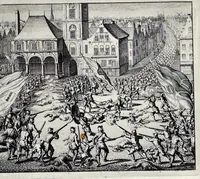 An illustration from Beschryvinge van Amsterdam : zynde een naukeurige verhandelinge van desselfs eerste oorspruk uyt den huyse der heeren van Amstel, en Amstellant : haar vergrootingen, rykdom, en wyze van regeeringe, tot den jare 1691 : voor dezen uit verscheide oude historie-schryvers be eengesteld, en uytgegeven : en nu uit een meenigte van oude schriften, authentyke stukken, en met kopere afbeeldingen verciert, nooit voor desen gedruckt geweest, beschreven, en vermeerdert (1693)