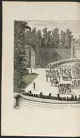 An illustration from Les plaisirs de l'isle enchantée : course de bague : collation ornée de machines, comedie, meslée de danse et de musiq́ue, ballet du palais d'Alcine, feu d'artifice et autres festes galantes et magnifiques faites par le Roy a Versailles, le VII. may M.DC.LXIV, et continuées plusieurs autres jours (1673)