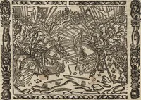 An illustration from Dits die excellente Cronike vā vlaenderē Beghinnende vā Liederick Buc den eersten Forestier tot dē laetstē, die door haer vrome feytē, namaels Grauē vā Vlaendrē ghemaect wordē, achteruolghende die rechte afcomste der voorsz grauē, tot desen onsen doorluchtichstē hoochghborē Keyser Karolo altijt v'meerder des rijcx geborē te Ghendt, etc (1531)