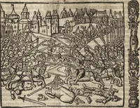 An illustration from Dits die excellente Cronike vā vlaenderē Beghinnende vā Liederick Buc den eersten Forestier tot dē laetstē, die door haer vrome feytē, namaels Grauē vā Vlaendrē ghemaect wordē, achteruolghende die rechte afcomste der voorsz grauē, tot desen onsen doorluchtichstē hoochghborē Keyser Karolo altijt v'meerder des rijcx geborē te Ghendt, etc (1531)