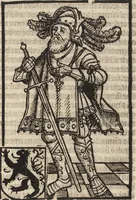 An illustration from Dits die excellente Cronike vā vlaenderē Beghinnende vā Liederick Buc den eersten Forestier tot dē laetstē, die door haer vrome feytē, namaels Grauē vā Vlaendrē ghemaect wordē, achteruolghende die rechte afcomste der voorsz grauē, tot desen onsen doorluchtichstē hoochghborē Keyser Karolo altijt v'meerder des rijcx geborē te Ghendt, etc (1531)