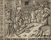 An illustration from Dits die excellente Cronike vā vlaenderē Beghinnende vā Liederick Buc den eersten Forestier tot dē laetstē, die door haer vrome feytē, namaels Grauē vā Vlaendrē ghemaect wordē, achteruolghende die rechte afcomste der voorsz grauē, tot desen onsen doorluchtichstē hoochghborē Keyser Karolo altijt v'meerder des rijcx geborē te Ghendt, etc (1531)