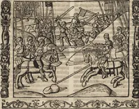 An illustration from Dits die excellente Cronike vā vlaenderē Beghinnende vā Liederick Buc den eersten Forestier tot dē laetstē, die door haer vrome feytē, namaels Grauē vā Vlaendrē ghemaect wordē, achteruolghende die rechte afcomste der voorsz grauē, tot desen onsen doorluchtichstē hoochghborē Keyser Karolo altijt v'meerder des rijcx geborē te Ghendt, etc (1531)