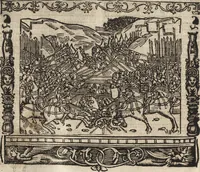 An illustration from Dits die excellente Cronike vā vlaenderē Beghinnende vā Liederick Buc den eersten Forestier tot dē laetstē, die door haer vrome feytē, namaels Grauē vā Vlaendrē ghemaect wordē, achteruolghende die rechte afcomste der voorsz grauē, tot desen onsen doorluchtichstē hoochghborē Keyser Karolo altijt v'meerder des rijcx geborē te Ghendt, etc (1531)