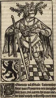 An illustration from Dits die excellente Cronike vā vlaenderē Beghinnende vā Liederick Buc den eersten Forestier tot dē laetstē, die door haer vrome feytē, namaels Grauē vā Vlaendrē ghemaect wordē, achteruolghende die rechte afcomste der voorsz grauē, tot desen onsen doorluchtichstē hoochghborē Keyser Karolo altijt v'meerder des rijcx geborē te Ghendt, etc (1531)