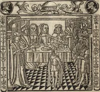 An illustration from Dits die excellente Cronike vā vlaenderē Beghinnende vā Liederick Buc den eersten Forestier tot dē laetstē, die door haer vrome feytē, namaels Grauē vā Vlaendrē ghemaect wordē, achteruolghende die rechte afcomste der voorsz grauē, tot desen onsen doorluchtichstē hoochghborē Keyser Karolo altijt v'meerder des rijcx geborē te Ghendt, etc (1531)