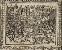 An illustration from Dits die excellente Cronike vā vlaenderē Beghinnende vā Liederick Buc den eersten Forestier tot dē laetstē, die door haer vrome feytē, namaels Grauē vā Vlaendrē ghemaect wordē, achteruolghende die rechte afcomste der voorsz grauē, tot desen onsen doorluchtichstē hoochghborē Keyser Karolo altijt v'meerder des rijcx geborē te Ghendt, etc (1531)
