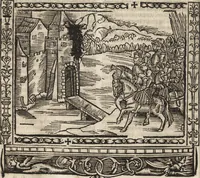 An illustration from Dits die excellente Cronike vā vlaenderē Beghinnende vā Liederick Buc den eersten Forestier tot dē laetstē, die door haer vrome feytē, namaels Grauē vā Vlaendrē ghemaect wordē, achteruolghende die rechte afcomste der voorsz grauē, tot desen onsen doorluchtichstē hoochghborē Keyser Karolo altijt v'meerder des rijcx geborē te Ghendt, etc (1531)