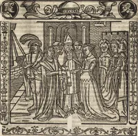 An illustration from Dits die excellente Cronike vā vlaenderē Beghinnende vā Liederick Buc den eersten Forestier tot dē laetstē, die door haer vrome feytē, namaels Grauē vā Vlaendrē ghemaect wordē, achteruolghende die rechte afcomste der voorsz grauē, tot desen onsen doorluchtichstē hoochghborē Keyser Karolo altijt v'meerder des rijcx geborē te Ghendt, etc (1531)