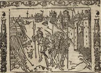 An illustration from Dits die excellente Cronike vā vlaenderē Beghinnende vā Liederick Buc den eersten Forestier tot dē laetstē, die door haer vrome feytē, namaels Grauē vā Vlaendrē ghemaect wordē, achteruolghende die rechte afcomste der voorsz grauē, tot desen onsen doorluchtichstē hoochghborē Keyser Karolo altijt v'meerder des rijcx geborē te Ghendt, etc (1531)