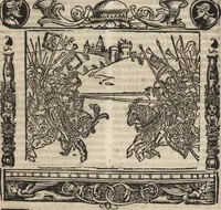 An illustration from Dits die excellente Cronike vā vlaenderē Beghinnende vā Liederick Buc den eersten Forestier tot dē laetstē, die door haer vrome feytē, namaels Grauē vā Vlaendrē ghemaect wordē, achteruolghende die rechte afcomste der voorsz grauē, tot desen onsen doorluchtichstē hoochghborē Keyser Karolo altijt v'meerder des rijcx geborē te Ghendt, etc (1531)