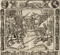 An illustration from Dits die excellente Cronike vā vlaenderē Beghinnende vā Liederick Buc den eersten Forestier tot dē laetstē, die door haer vrome feytē, namaels Grauē vā Vlaendrē ghemaect wordē, achteruolghende die rechte afcomste der voorsz grauē, tot desen onsen doorluchtichstē hoochghborē Keyser Karolo altijt v'meerder des rijcx geborē te Ghendt, etc (1531)