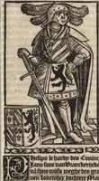 An illustration from Dits die excellente Cronike vā vlaenderē Beghinnende vā Liederick Buc den eersten Forestier tot dē laetstē, die door haer vrome feytē, namaels Grauē vā Vlaendrē ghemaect wordē, achteruolghende die rechte afcomste der voorsz grauē, tot desen onsen doorluchtichstē hoochghborē Keyser Karolo altijt v'meerder des rijcx geborē te Ghendt, etc (1531)