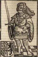 An illustration from Dits die excellente Cronike vā vlaenderē Beghinnende vā Liederick Buc den eersten Forestier tot dē laetstē, die door haer vrome feytē, namaels Grauē vā Vlaendrē ghemaect wordē, achteruolghende die rechte afcomste der voorsz grauē, tot desen onsen doorluchtichstē hoochghborē Keyser Karolo altijt v'meerder des rijcx geborē te Ghendt, etc (1531)