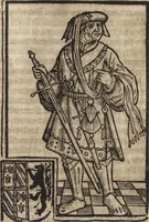 An illustration from Dits die excellente Cronike vā vlaenderē Beghinnende vā Liederick Buc den eersten Forestier tot dē laetstē, die door haer vrome feytē, namaels Grauē vā Vlaendrē ghemaect wordē, achteruolghende die rechte afcomste der voorsz grauē, tot desen onsen doorluchtichstē hoochghborē Keyser Karolo altijt v'meerder des rijcx geborē te Ghendt, etc (1531)