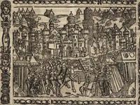 An illustration from Dits die excellente Cronike vā vlaenderē Beghinnende vā Liederick Buc den eersten Forestier tot dē laetstē, die door haer vrome feytē, namaels Grauē vā Vlaendrē ghemaect wordē, achteruolghende die rechte afcomste der voorsz grauē, tot desen onsen doorluchtichstē hoochghborē Keyser Karolo altijt v'meerder des rijcx geborē te Ghendt, etc (1531)