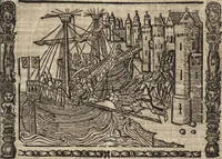 An illustration from Dits die excellente Cronike vā vlaenderē Beghinnende vā Liederick Buc den eersten Forestier tot dē laetstē, die door haer vrome feytē, namaels Grauē vā Vlaendrē ghemaect wordē, achteruolghende die rechte afcomste der voorsz grauē, tot desen onsen doorluchtichstē hoochghborē Keyser Karolo altijt v'meerder des rijcx geborē te Ghendt, etc (1531)