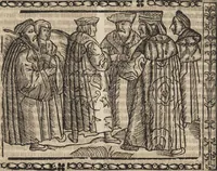 An illustration from Dits die excellente Cronike vā vlaenderē Beghinnende vā Liederick Buc den eersten Forestier tot dē laetstē, die door haer vrome feytē, namaels Grauē vā Vlaendrē ghemaect wordē, achteruolghende die rechte afcomste der voorsz grauē, tot desen onsen doorluchtichstē hoochghborē Keyser Karolo altijt v'meerder des rijcx geborē te Ghendt, etc (1531)