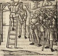 An illustration from Dits die excellente Cronike vā vlaenderē Beghinnende vā Liederick Buc den eersten Forestier tot dē laetstē, die door haer vrome feytē, namaels Grauē vā Vlaendrē ghemaect wordē, achteruolghende die rechte afcomste der voorsz grauē, tot desen onsen doorluchtichstē hoochghborē Keyser Karolo altijt v'meerder des rijcx geborē te Ghendt, etc (1531)