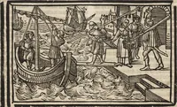 An illustration from Dits die excellente Cronike vā vlaenderē Beghinnende vā Liederick Buc den eersten Forestier tot dē laetstē, die door haer vrome feytē, namaels Grauē vā Vlaendrē ghemaect wordē, achteruolghende die rechte afcomste der voorsz grauē, tot desen onsen doorluchtichstē hoochghborē Keyser Karolo altijt v'meerder des rijcx geborē te Ghendt, etc (1531)