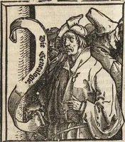 An illustration from Dits die excellente Cronike vā vlaenderē Beghinnende vā Liederick Buc den eersten Forestier tot dē laetstē, die door haer vrome feytē, namaels Grauē vā Vlaendrē ghemaect wordē, achteruolghende die rechte afcomste der voorsz grauē, tot desen onsen doorluchtichstē hoochghborē Keyser Karolo altijt v'meerder des rijcx geborē te Ghendt, etc (1531)