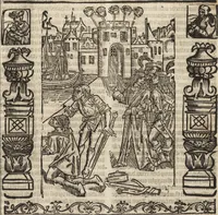 An illustration from Dits die excellente Cronike vā vlaenderē Beghinnende vā Liederick Buc den eersten Forestier tot dē laetstē, die door haer vrome feytē, namaels Grauē vā Vlaendrē ghemaect wordē, achteruolghende die rechte afcomste der voorsz grauē, tot desen onsen doorluchtichstē hoochghborē Keyser Karolo altijt v'meerder des rijcx geborē te Ghendt, etc (1531)