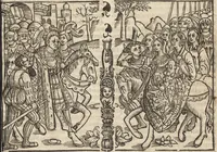 An illustration from Dits die excellente Cronike vā vlaenderē Beghinnende vā Liederick Buc den eersten Forestier tot dē laetstē, die door haer vrome feytē, namaels Grauē vā Vlaendrē ghemaect wordē, achteruolghende die rechte afcomste der voorsz grauē, tot desen onsen doorluchtichstē hoochghborē Keyser Karolo altijt v'meerder des rijcx geborē te Ghendt, etc (1531)