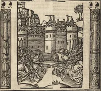 An illustration from Dits die excellente Cronike vā vlaenderē Beghinnende vā Liederick Buc den eersten Forestier tot dē laetstē, die door haer vrome feytē, namaels Grauē vā Vlaendrē ghemaect wordē, achteruolghende die rechte afcomste der voorsz grauē, tot desen onsen doorluchtichstē hoochghborē Keyser Karolo altijt v'meerder des rijcx geborē te Ghendt, etc (1531)