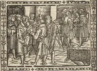 An illustration from Dits die excellente Cronike vā vlaenderē Beghinnende vā Liederick Buc den eersten Forestier tot dē laetstē, die door haer vrome feytē, namaels Grauē vā Vlaendrē ghemaect wordē, achteruolghende die rechte afcomste der voorsz grauē, tot desen onsen doorluchtichstē hoochghborē Keyser Karolo altijt v'meerder des rijcx geborē te Ghendt, etc (1531)