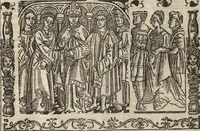 An illustration from Dits die excellente Cronike vā vlaenderē Beghinnende vā Liederick Buc den eersten Forestier tot dē laetstē, die door haer vrome feytē, namaels Grauē vā Vlaendrē ghemaect wordē, achteruolghende die rechte afcomste der voorsz grauē, tot desen onsen doorluchtichstē hoochghborē Keyser Karolo altijt v'meerder des rijcx geborē te Ghendt, etc (1531)