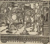 An illustration from Dits die excellente Cronike vā vlaenderē Beghinnende vā Liederick Buc den eersten Forestier tot dē laetstē, die door haer vrome feytē, namaels Grauē vā Vlaendrē ghemaect wordē, achteruolghende die rechte afcomste der voorsz grauē, tot desen onsen doorluchtichstē hoochghborē Keyser Karolo altijt v'meerder des rijcx geborē te Ghendt, etc (1531)