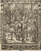 An illustration from Dits die excellente Cronike vā vlaenderē Beghinnende vā Liederick Buc den eersten Forestier tot dē laetstē, die door haer vrome feytē, namaels Grauē vā Vlaendrē ghemaect wordē, achteruolghende die rechte afcomste der voorsz grauē, tot desen onsen doorluchtichstē hoochghborē Keyser Karolo altijt v'meerder des rijcx geborē te Ghendt, etc (1531)