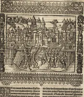 An illustration from Dits die excellente Cronike vā vlaenderē Beghinnende vā Liederick Buc den eersten Forestier tot dē laetstē, die door haer vrome feytē, namaels Grauē vā Vlaendrē ghemaect wordē, achteruolghende die rechte afcomste der voorsz grauē, tot desen onsen doorluchtichstē hoochghborē Keyser Karolo altijt v'meerder des rijcx geborē te Ghendt, etc (1531)