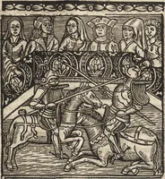An illustration from Dits die excellente Cronike vā vlaenderē Beghinnende vā Liederick Buc den eersten Forestier tot dē laetstē, die door haer vrome feytē, namaels Grauē vā Vlaendrē ghemaect wordē, achteruolghende die rechte afcomste der voorsz grauē, tot desen onsen doorluchtichstē hoochghborē Keyser Karolo altijt v'meerder des rijcx geborē te Ghendt, etc (1531)