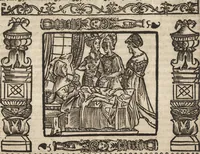 An illustration from Dits die excellente Cronike vā vlaenderē Beghinnende vā Liederick Buc den eersten Forestier tot dē laetstē, die door haer vrome feytē, namaels Grauē vā Vlaendrē ghemaect wordē, achteruolghende die rechte afcomste der voorsz grauē, tot desen onsen doorluchtichstē hoochghborē Keyser Karolo altijt v'meerder des rijcx geborē te Ghendt, etc (1531)