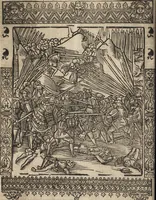 An illustration from Dits die excellente Cronike vā vlaenderē Beghinnende vā Liederick Buc den eersten Forestier tot dē laetstē, die door haer vrome feytē, namaels Grauē vā Vlaendrē ghemaect wordē, achteruolghende die rechte afcomste der voorsz grauē, tot desen onsen doorluchtichstē hoochghborē Keyser Karolo altijt v'meerder des rijcx geborē te Ghendt, etc (1531)