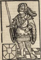 An illustration from Dits die excellente Cronike vā vlaenderē Beghinnende vā Liederick Buc den eersten Forestier tot dē laetstē, die door haer vrome feytē, namaels Grauē vā Vlaendrē ghemaect wordē, achteruolghende die rechte afcomste der voorsz grauē, tot desen onsen doorluchtichstē hoochghborē Keyser Karolo altijt v'meerder des rijcx geborē te Ghendt, etc (1531)
